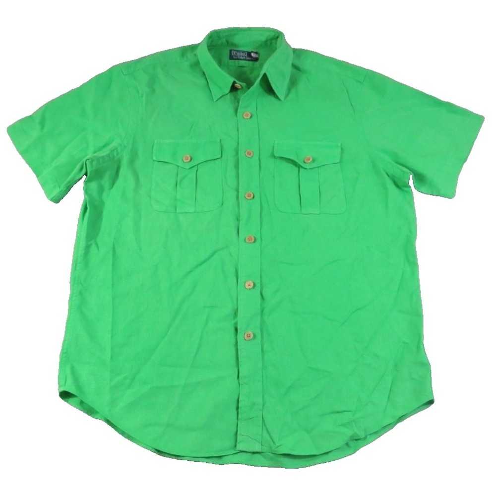 Polo Ralph Lauren Mens Linen L Green Short Sleeve Button Down Cargo Field Shirt
